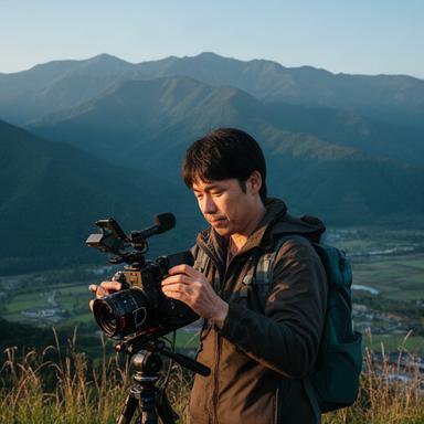 秋田の山並みを背に撮影機材を整える男性の地方発信講師