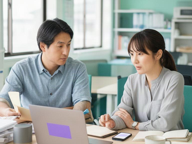 秋田の中小企業オフィスで経営者と広報担当者がノートパソコンとスマートフォンを使って情報発信を相談している様子